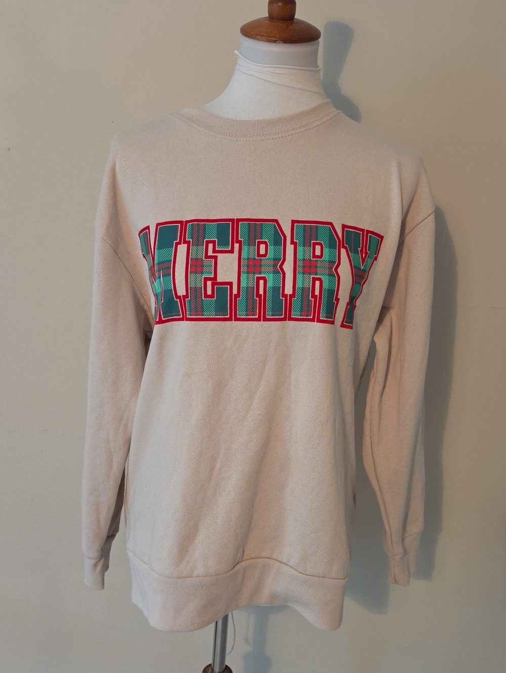 State Of Mine Cream 'MERRY' Graphic Crewneck Sweatshirt Brand New